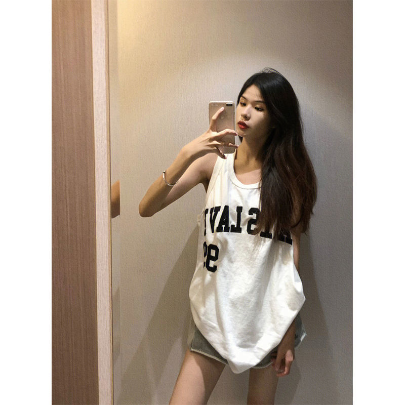  American sleeveless vest T-shirt female Harajuku letters loose mid-length sports outerwear student tops ins tide