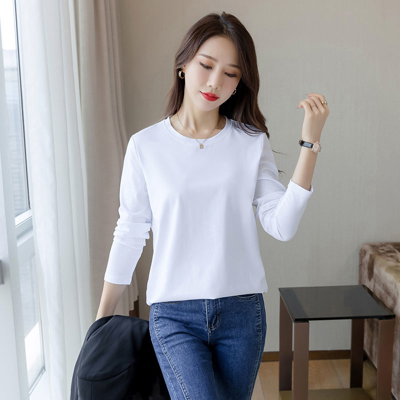 白色長袖t恤女2023年春秋新款寬鬆打底衫內搭圓領ins潮上衣女休閒