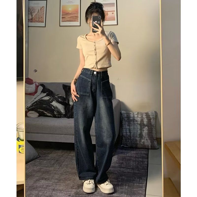 設計感小眾闊腿顯瘦褲子大碼女裝胖mm新款復古高腰寬鬆直筒牛仔褲