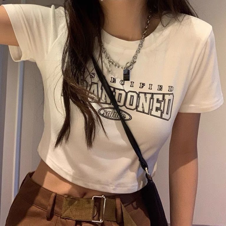 Hot girls pure desire style short navel T-shirt  summer new Hong Kong style simple slim short-sleeved women's tops boudoir honey