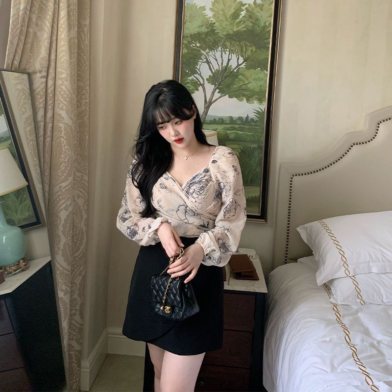 大碼女裝2022秋季古風設計感雪紡衫女印花長袖上衣胖mm半身裙套裝
