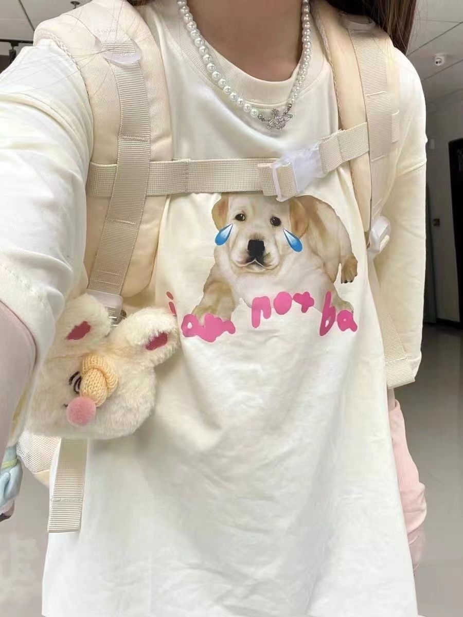 個性小狗印花短袖T恤女100%純棉大碼寬鬆鹽系上衣女學生BF半袖潮
