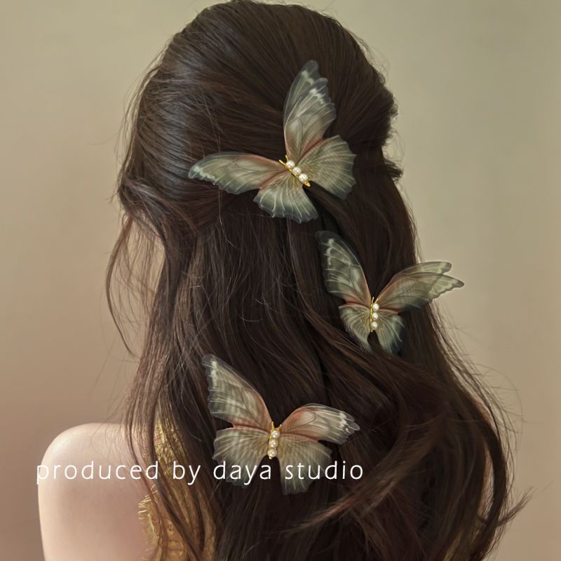 Private romantic super fairy double layer tulle butterfly hair clip retro high-end design temperament bangs sea clip