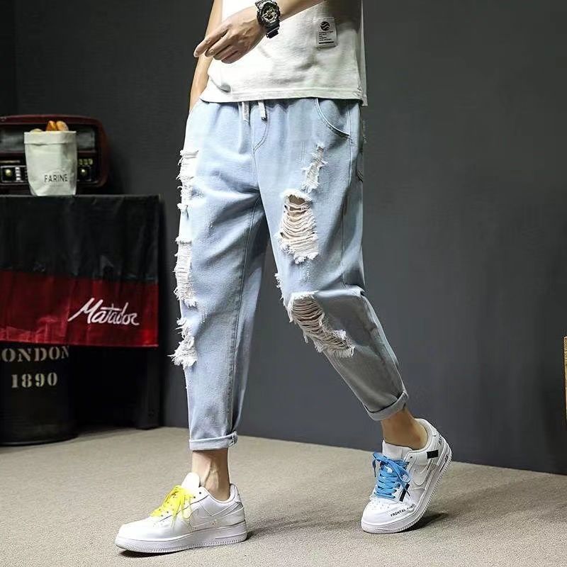 Ripped jeans men's summer and autumn new loose straight nine-point pants men's Hong Kong style ins tide brand casual pants tide