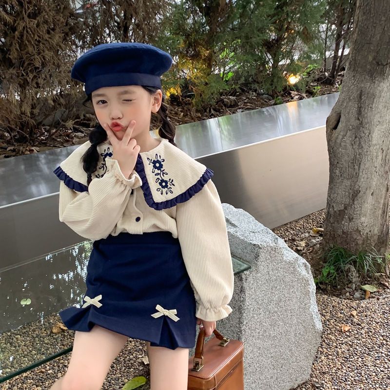 韓系童裝秋裝套裝春秋新款女寶寶超萌翻領條絨秋天長袖短裙兩件套