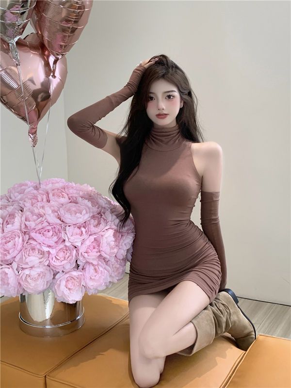 Sexy high collar vest sleeve dress women's early autumn new sweet hot girl pure desire wind tight tight wrap hip skirt