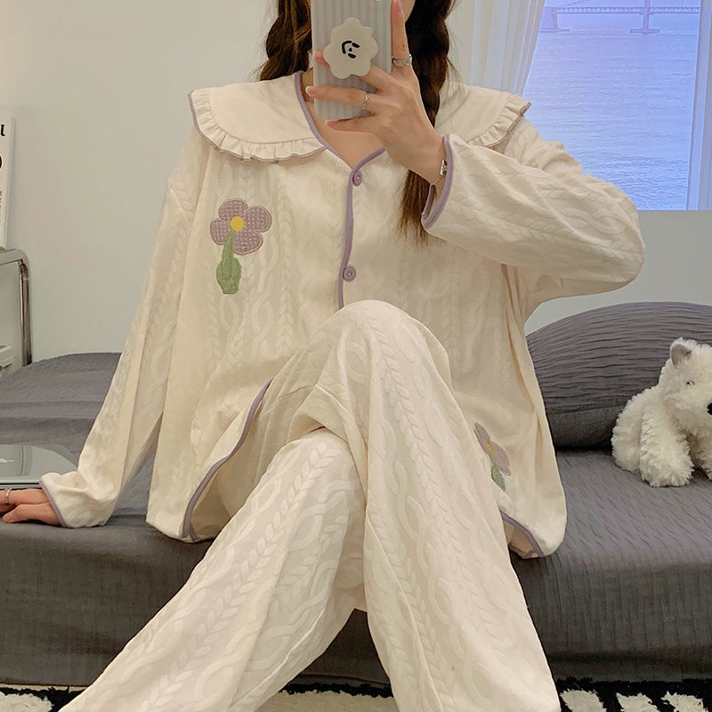 Women's pajamas 2022 new spring and autumn long-sleeved thin section cotton texture sweet pure desire can be worn outside home service suit