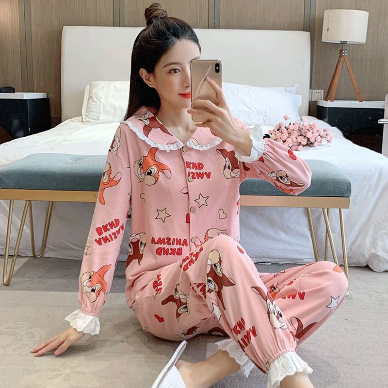 Women's spring and autumn pajamas Japanese style new cartoon lace long-sleeved doll collar cute students wear home clothes set