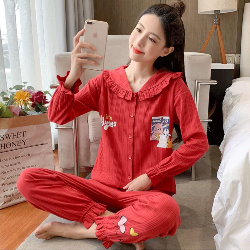 Women's spring and autumn pajamas Japanese style new cartoon lace long-sleeved doll collar cute students wear home clothes set
