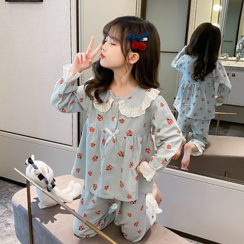兒童睡衣女孩長袖純棉春秋季親子女童家居服中大童全棉秋款套裝夏
