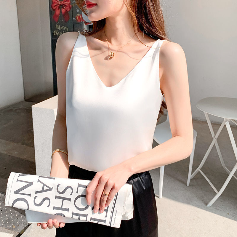 Acetic acid silky satin camisole women's thin section inner suit white black bottoming shirt top V-neck outer wear