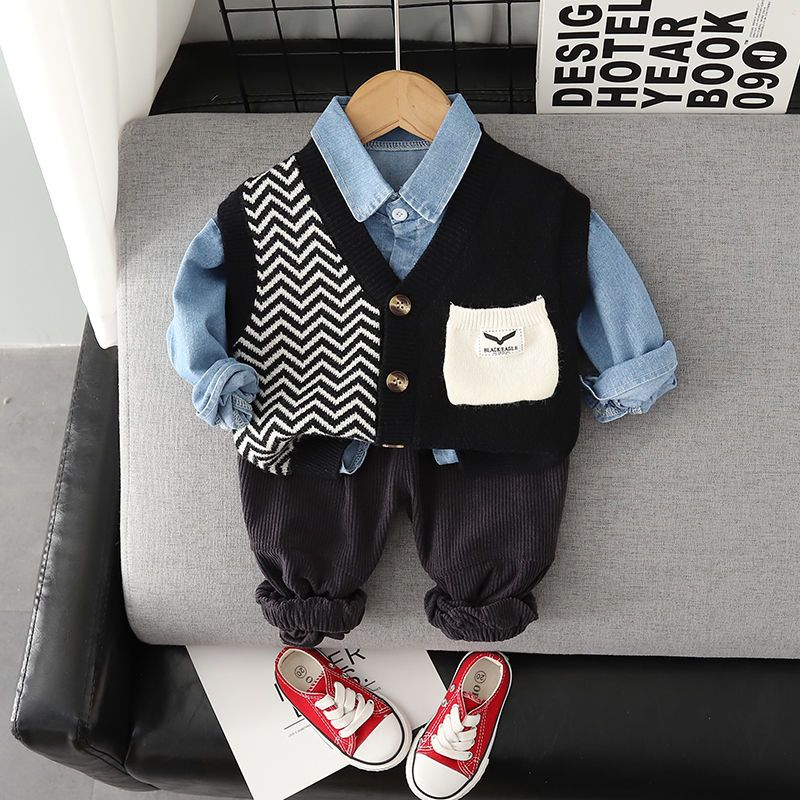 Boys baby autumn suit  new children's foreign style clothes spring and autumn children's sweater vest three-piece set
