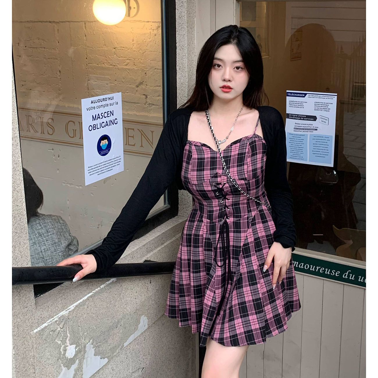 大碼女裝2022年秋季新款格子吊帶顯瘦連衣裙女胖mm短款裙子套裝潮