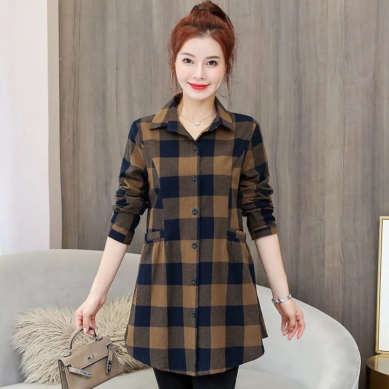 Pure cotton plaid shirt for women 2022 new spring loose and slim mid-length shirt fashionable age-reducing thin jacket