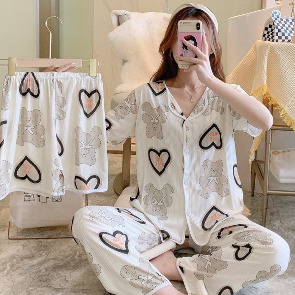 Pajamas women's summer new high-value ins style niche foreign style short-sleeved trousers outerwear home service three-piece suit