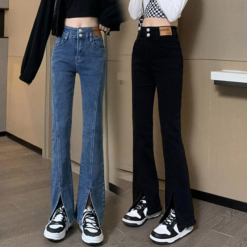 大碼高腰緊身顯瘦拖地微喇叭褲子春秋年新款黑色開叉牛仔褲女