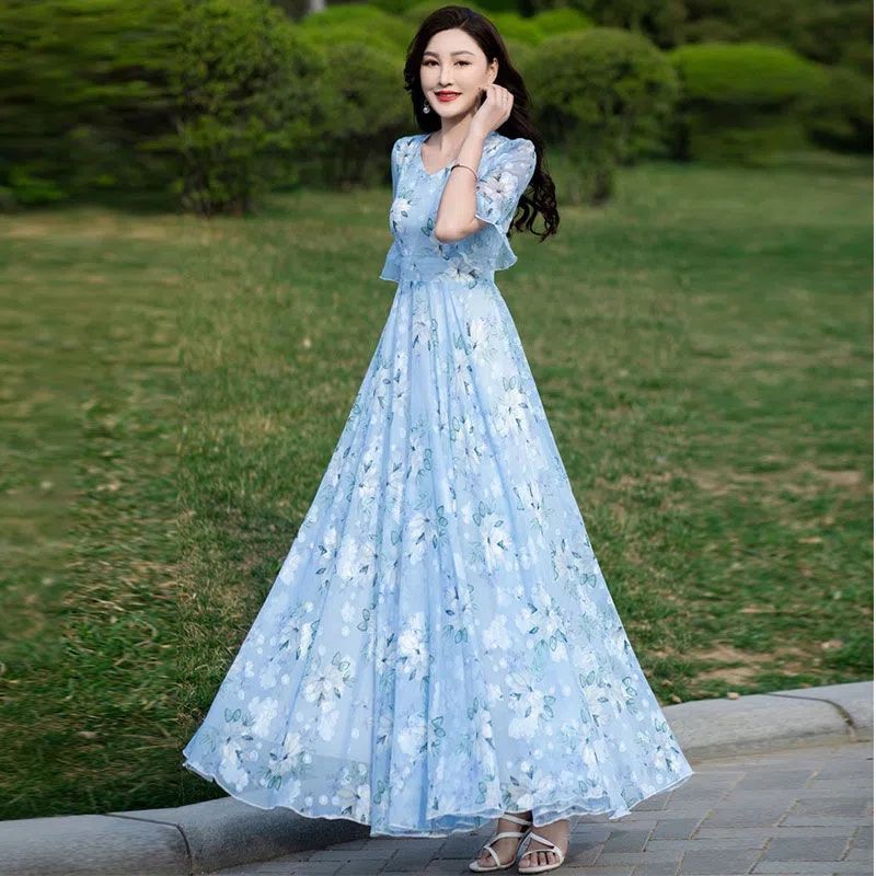 大擺中長款雪紡連衣裙女2022新款V領短袖大擺裙海邊度假拍照長裙