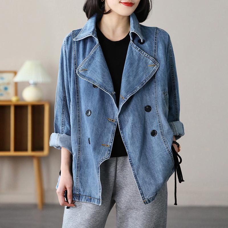 Picking up the leak! Foreign trade export counter cut label big brand denim jacket women's double-breasted casual long-sleeved jacket women