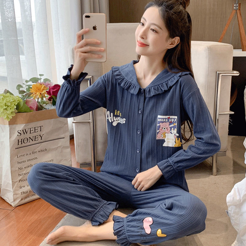 Women's spring and autumn pajamas Japanese style new cartoon lace long-sleeved doll collar cute students wear home clothes set