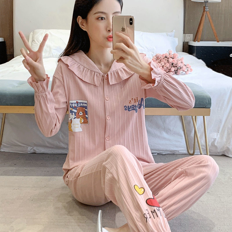 Women's spring and autumn pajamas Japanese style new cartoon lace long-sleeved doll collar cute students wear home clothes set