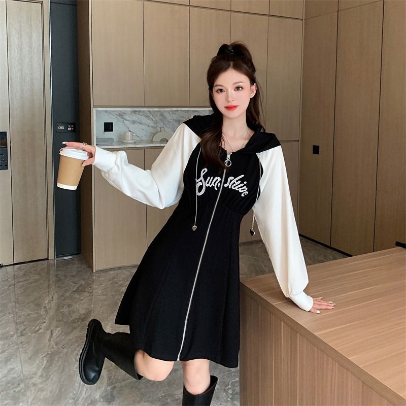 Large size women's hooded dress fat mm2023 spring and autumn new Korean version of loose meat cover sweater dress 200 catties 300
