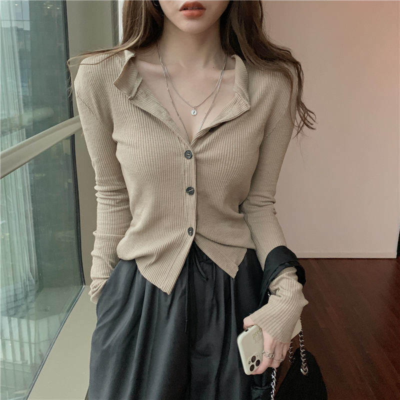 Slim irregular foreign style niche knitted sweater long-sleeved top women's autumn Korean version thin section all-match short cardigan