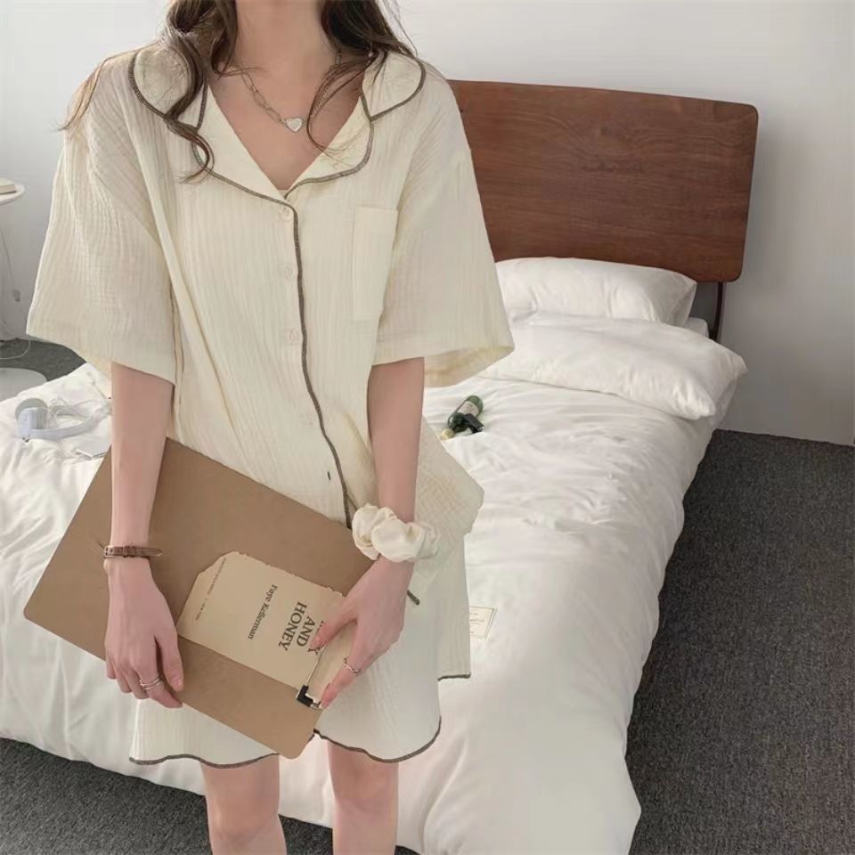 2022ins net red simple thin pajamas female summer short-sleeved shorts Korean version of student home service two-piece suit