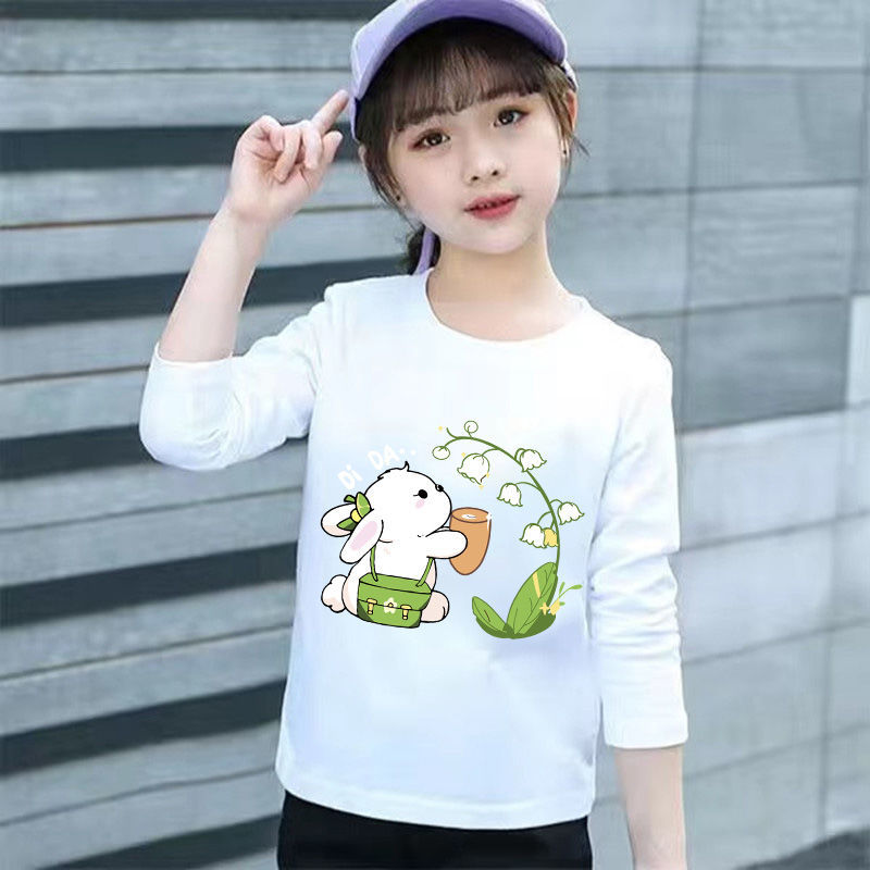 100% pure cotton girls' long-sleeved T-shirt spring and autumn  children's new style, versatile, middle-aged and little girls