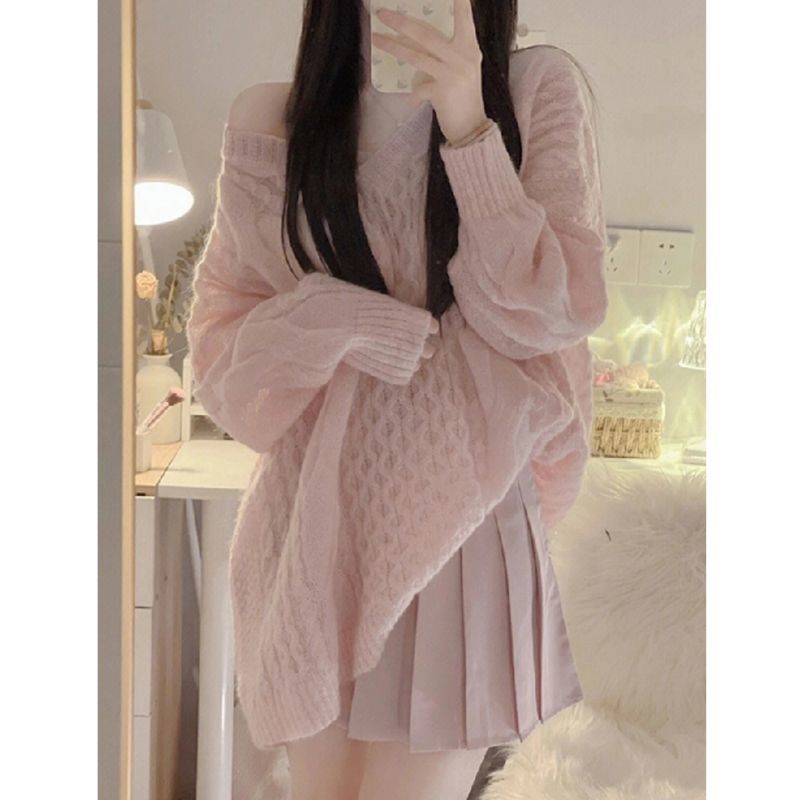 [Two-piece suit] Korean sweet pullover sweater women's lazy wind loose knit top student pleated skirt