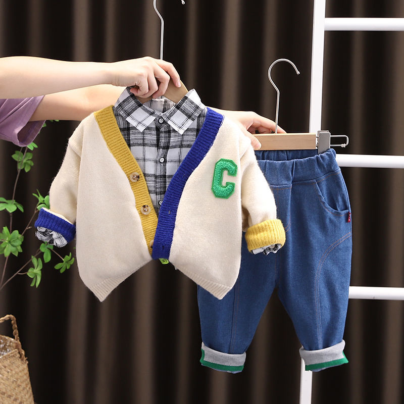 Boys spring and autumn suit  new foreign style baby autumn suit Korean version sweater cardigan three-piece suit children's clothing trendy clothes