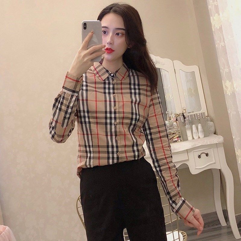 長袖襯衣女春秋新款小清新打底衫時尚百搭修身顯瘦格子襯衫棉上衣