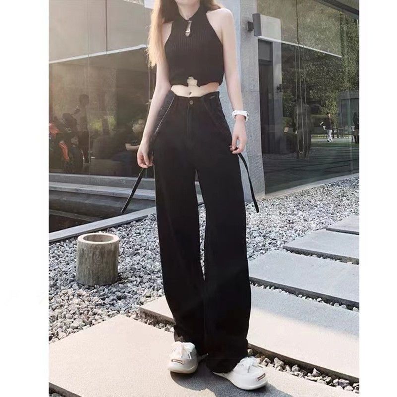 American retro high waist black loose BF straight jeans women's spring new overalls overalls high street ins tide