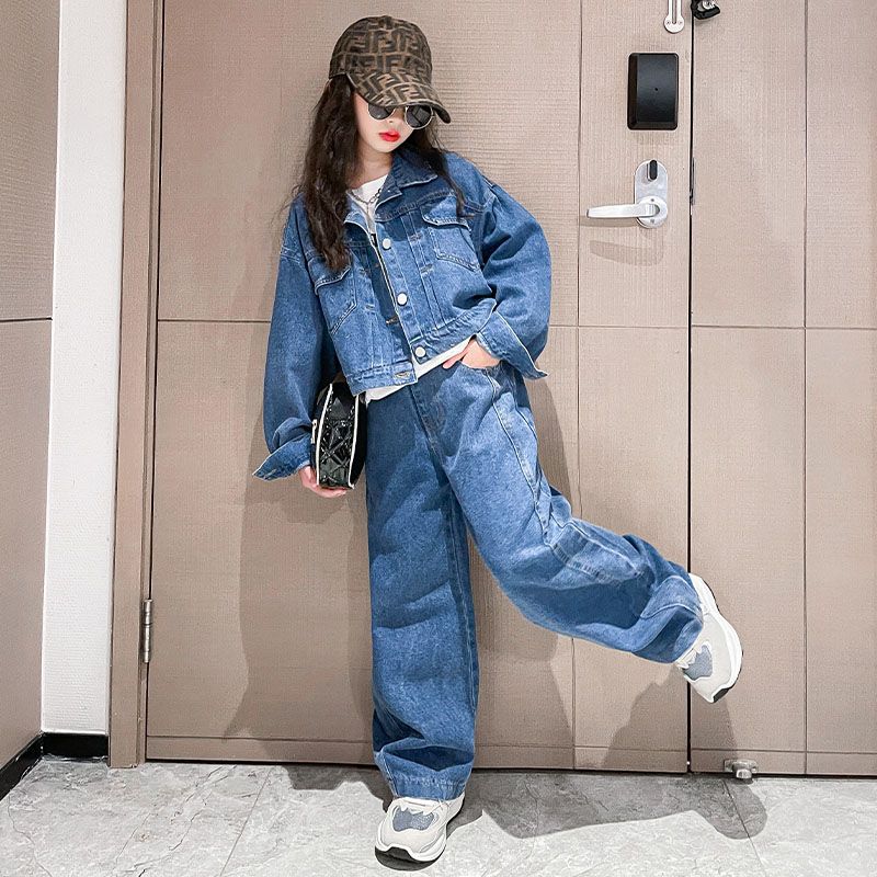 女童牛仔套裝春裝2023年新款中大童春秋季洋氣兩件套女孩時髦衣服