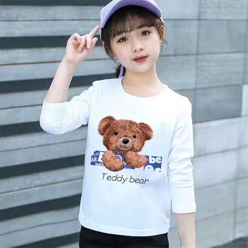 100% pure cotton girls' long-sleeved T-shirt spring and autumn  children's new style, versatile, middle-aged and little girls