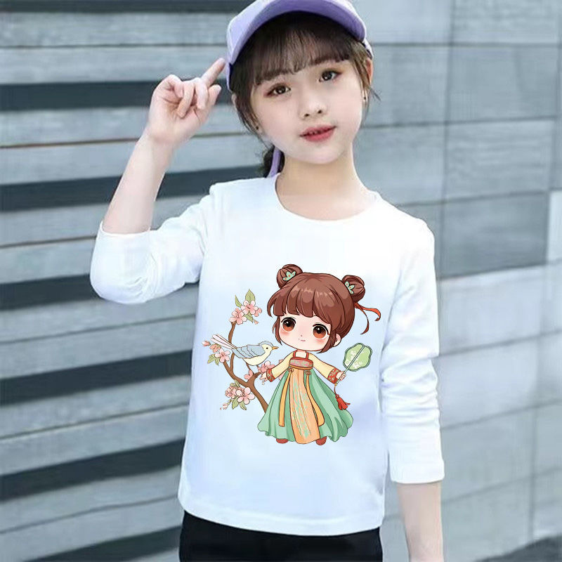 100% pure cotton girls' long-sleeved T-shirt spring and autumn  children's new style, versatile, middle-aged and little girls