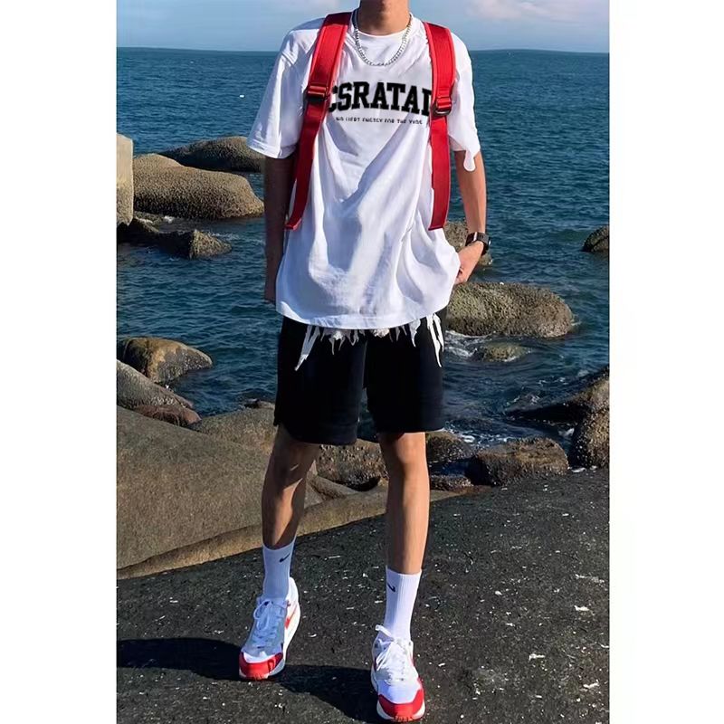 100%純棉短袖t恤男士夏季潮牌字母印花港風ins潮流寬鬆百搭體恤衫