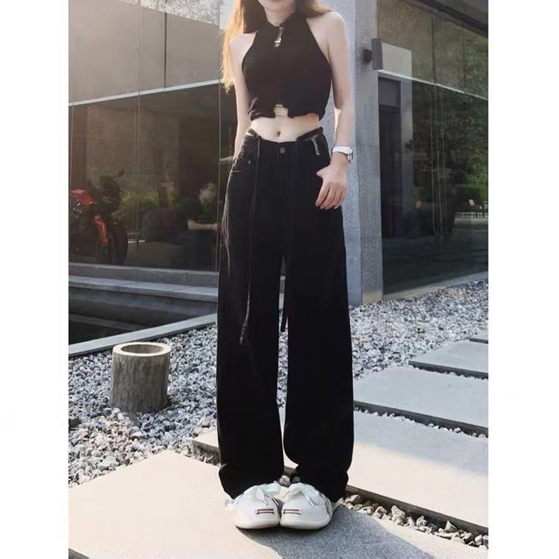 American retro high waist black loose BF straight jeans women's spring new overalls overalls high street ins tide