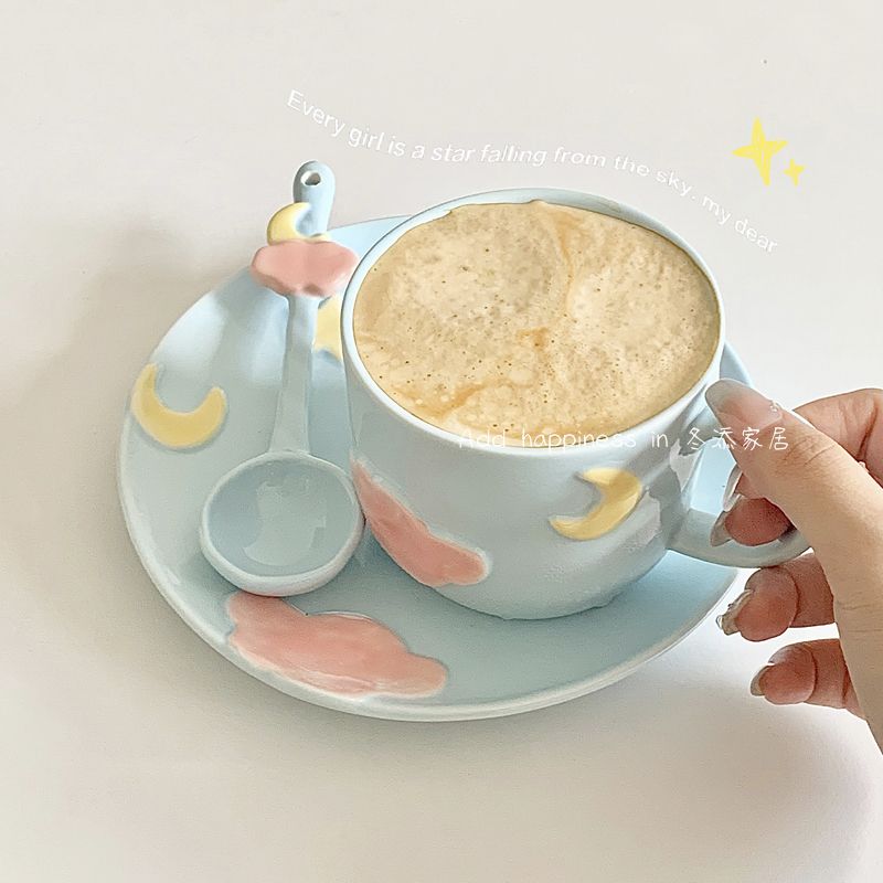 浮雕咖啡杯碟陶瓷ins风小众设计感少女心高颜值大容量带勺子可爱
