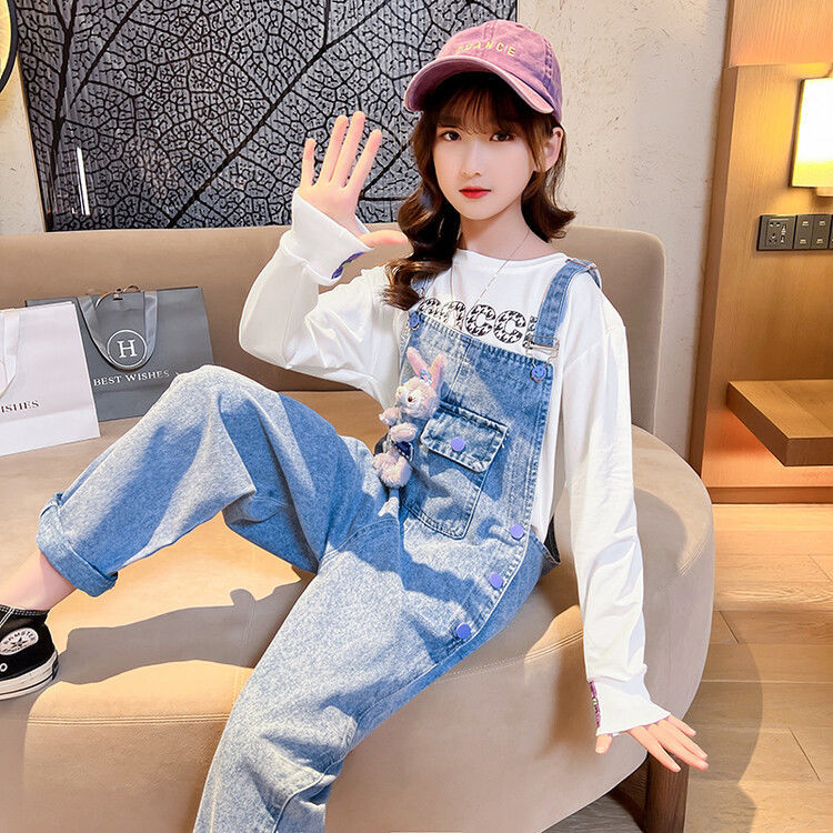 女童背帶褲春秋季套裝兒童2022新款牛仔褲子中大童秋裝童裝女孩潮