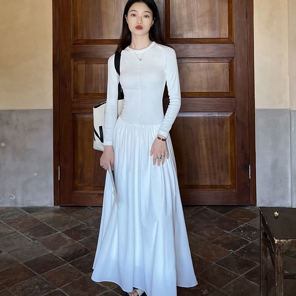 Sports Slim Dress Long Skirt Women 2022 Autumn New Long-sleeved Knitted Long Skirt Waist Mopping Skirt
