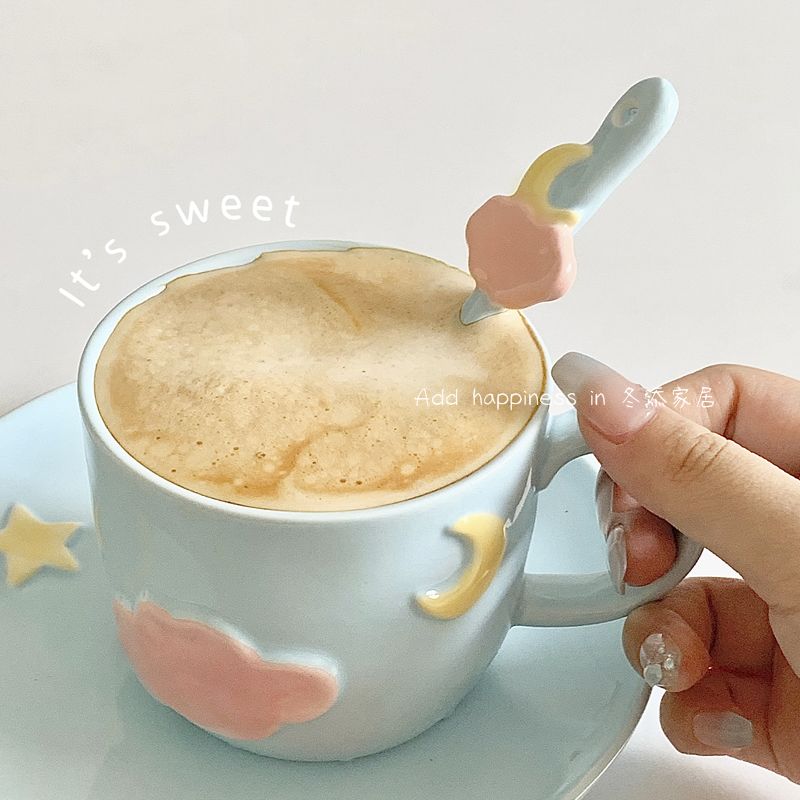 浮雕咖啡杯碟陶瓷ins风小众设计感少女心高颜值大容量带勺子可爱