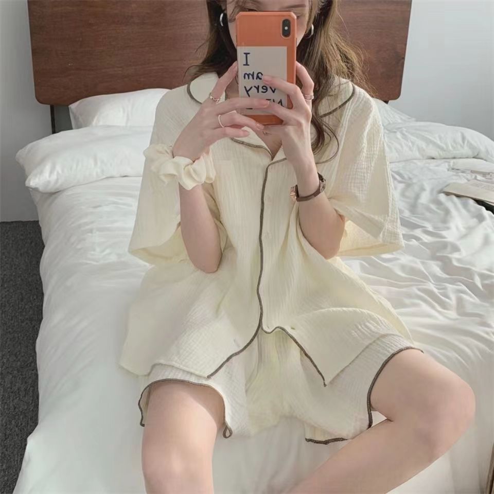 2022ins net red simple thin pajamas female summer short-sleeved shorts Korean version of student home service two-piece suit