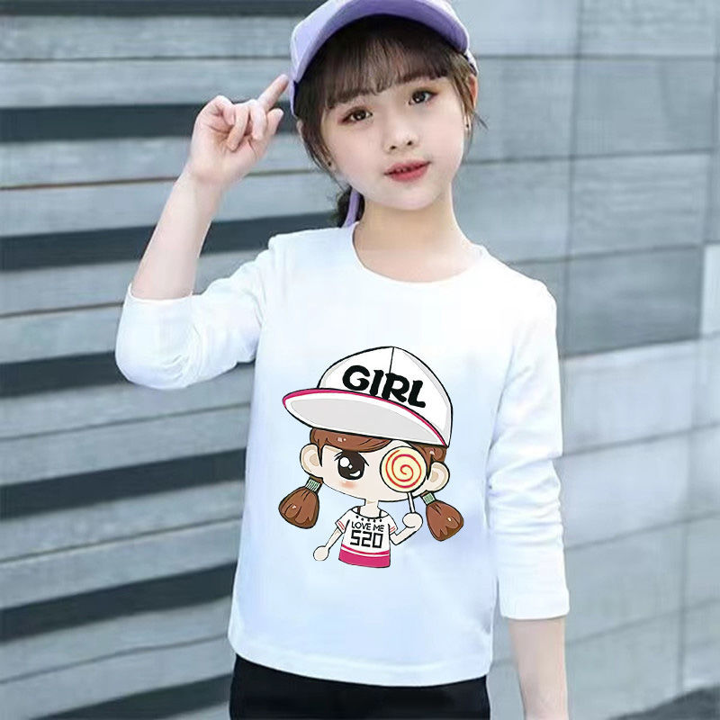 100% pure cotton girls' long-sleeved T-shirt spring and autumn  children's new style, versatile, middle-aged and little girls