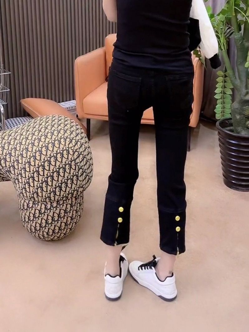 European station 2022 autumn new trousers gold buckle zipper slit thin jeans women's stretch thin eight-point cigarette pants