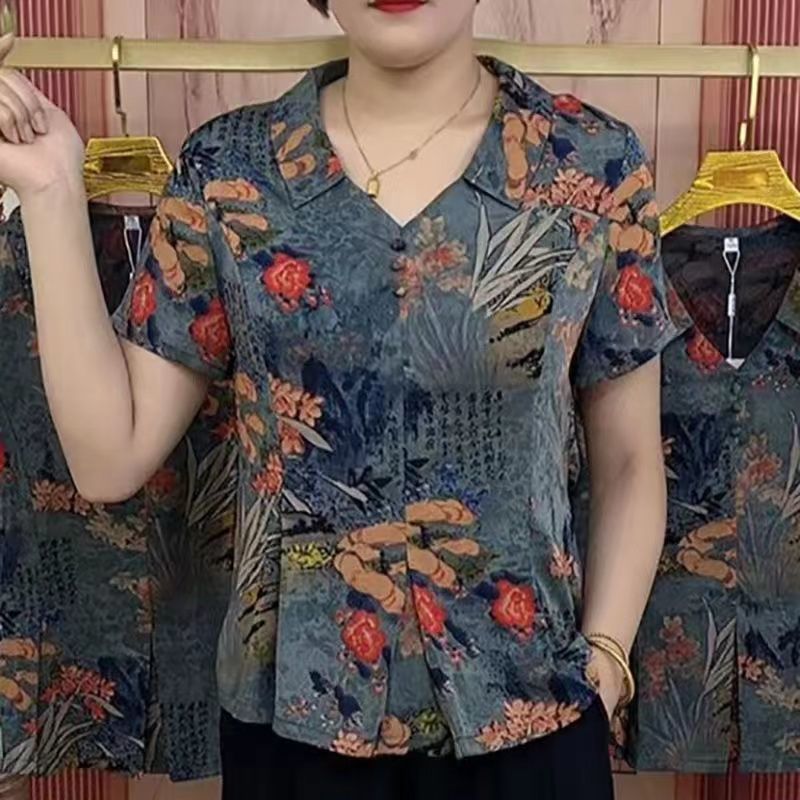 2022 summer middle-aged and elderly mothers' clothes loose casual belly-covering short-sleeved T-shirt all-match fashion design women's tops