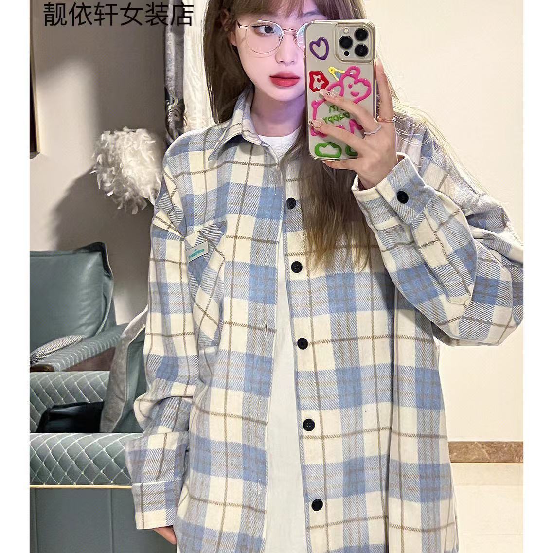 日系新款格子襯衫女復古設計感小眾學生上衣長袖薄款襯衣開衫外套