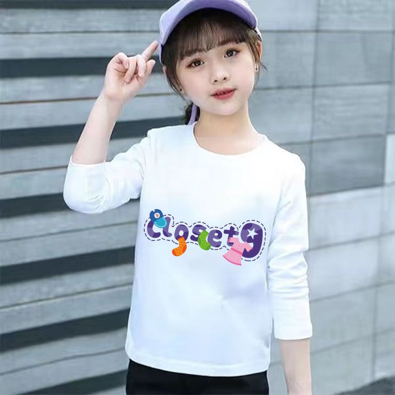 100% pure cotton girls' long-sleeved T-shirt spring and autumn  children's new style, versatile, middle-aged and little girls