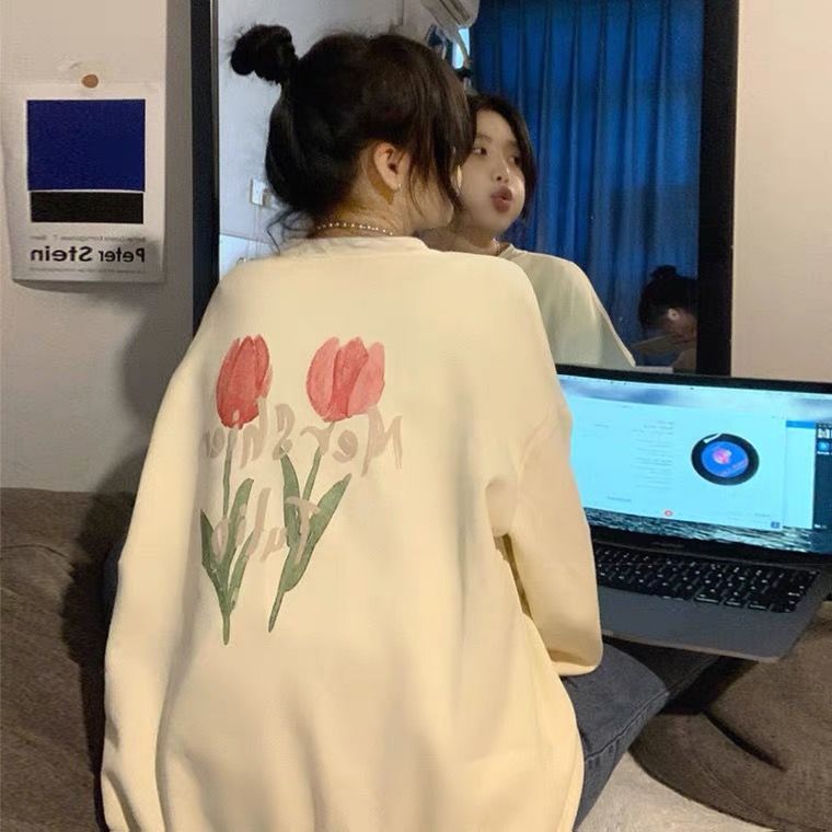 美式鬱金香衛衣女早秋新款設計感小眾vintage復古圓領長袖潮牌ins