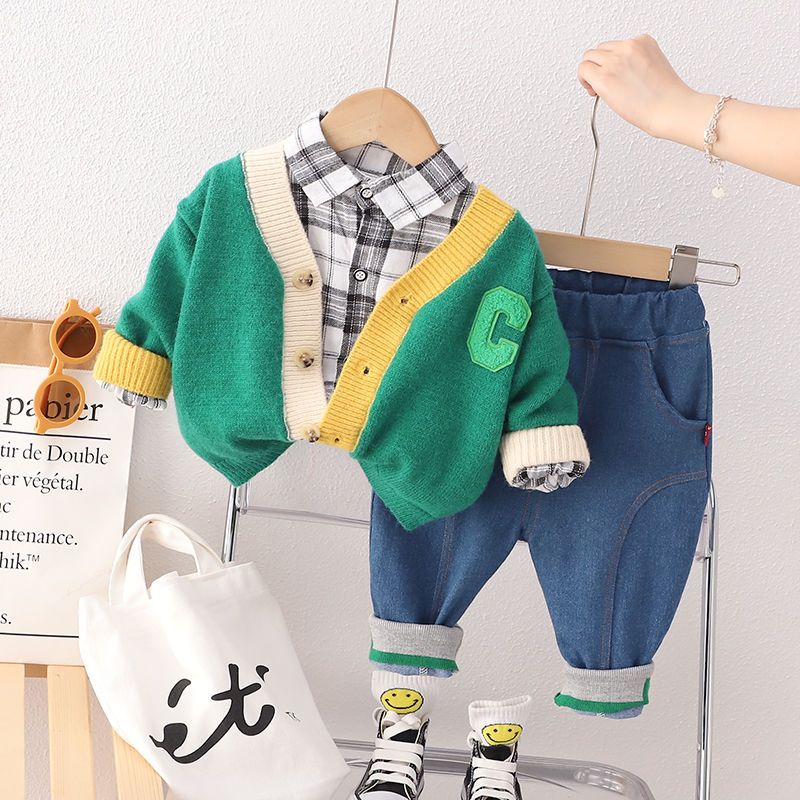 Boys spring and autumn suit  new foreign style baby autumn suit Korean version sweater cardigan three-piece suit children's clothing trendy clothes