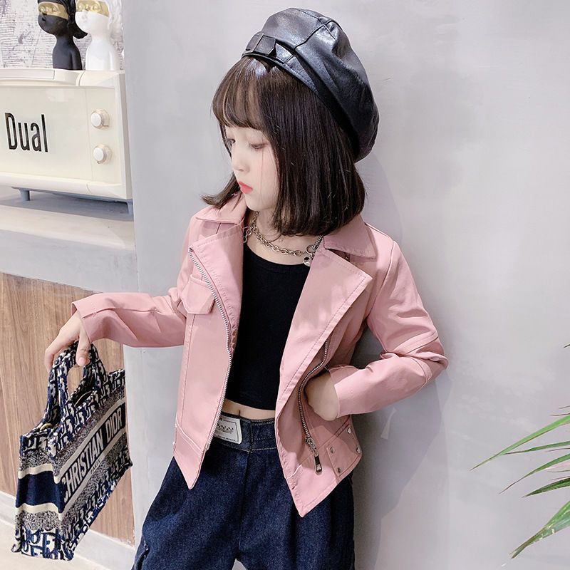 Children's leather jacket spring and autumn new girls motorcycle clothing foreign style pu soft leather jacket big children's pink jacket early autumn